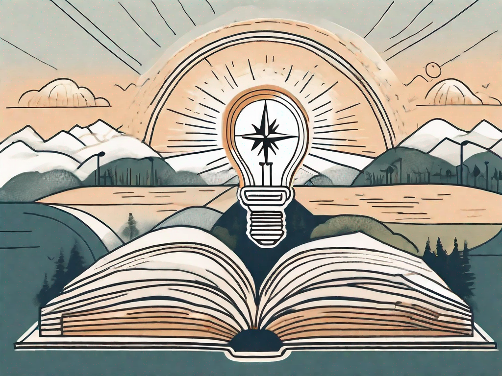 An open book with pages transforming into various symbols of inspiration such as a light bulb